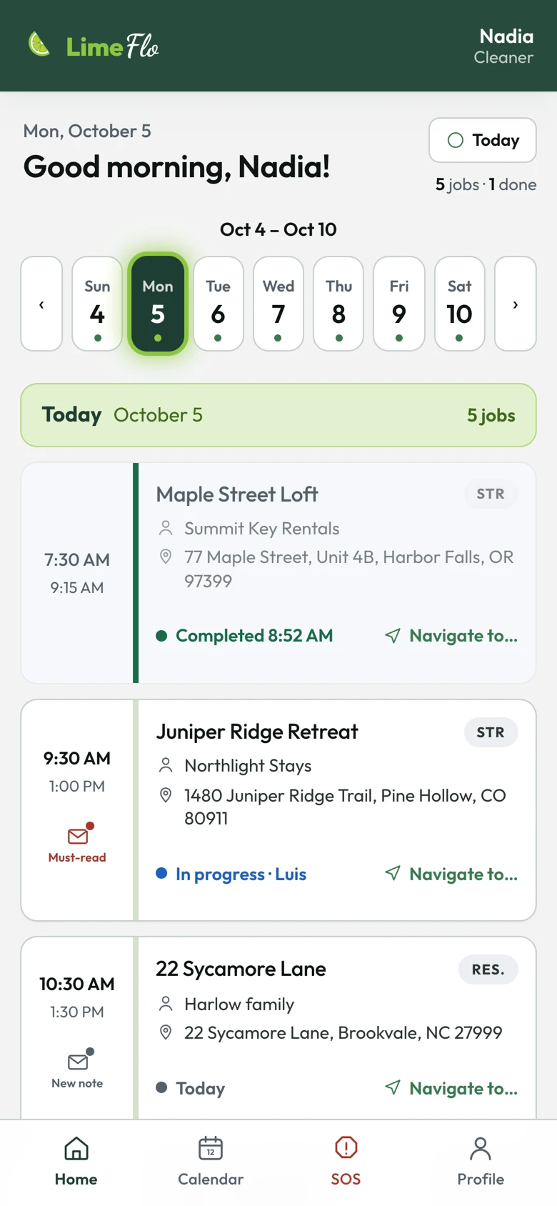 A cleaner's home screen: good morning, the week strip and today's jobs with their addresses.