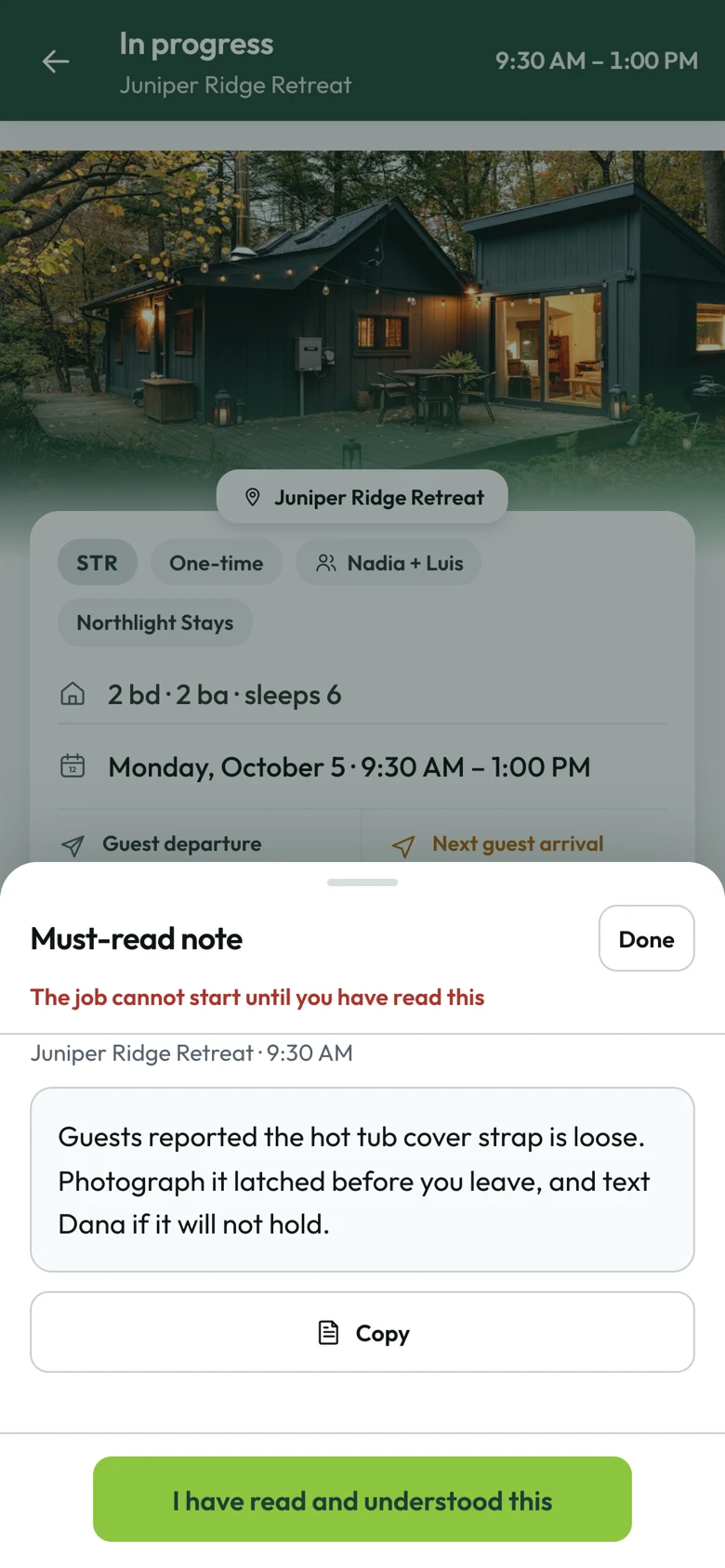 A must-read note from the office over the job card: the hot tub cover strap is loose, photograph it latched before leaving. The job cannot start until the cleaner taps I have read and understood this.