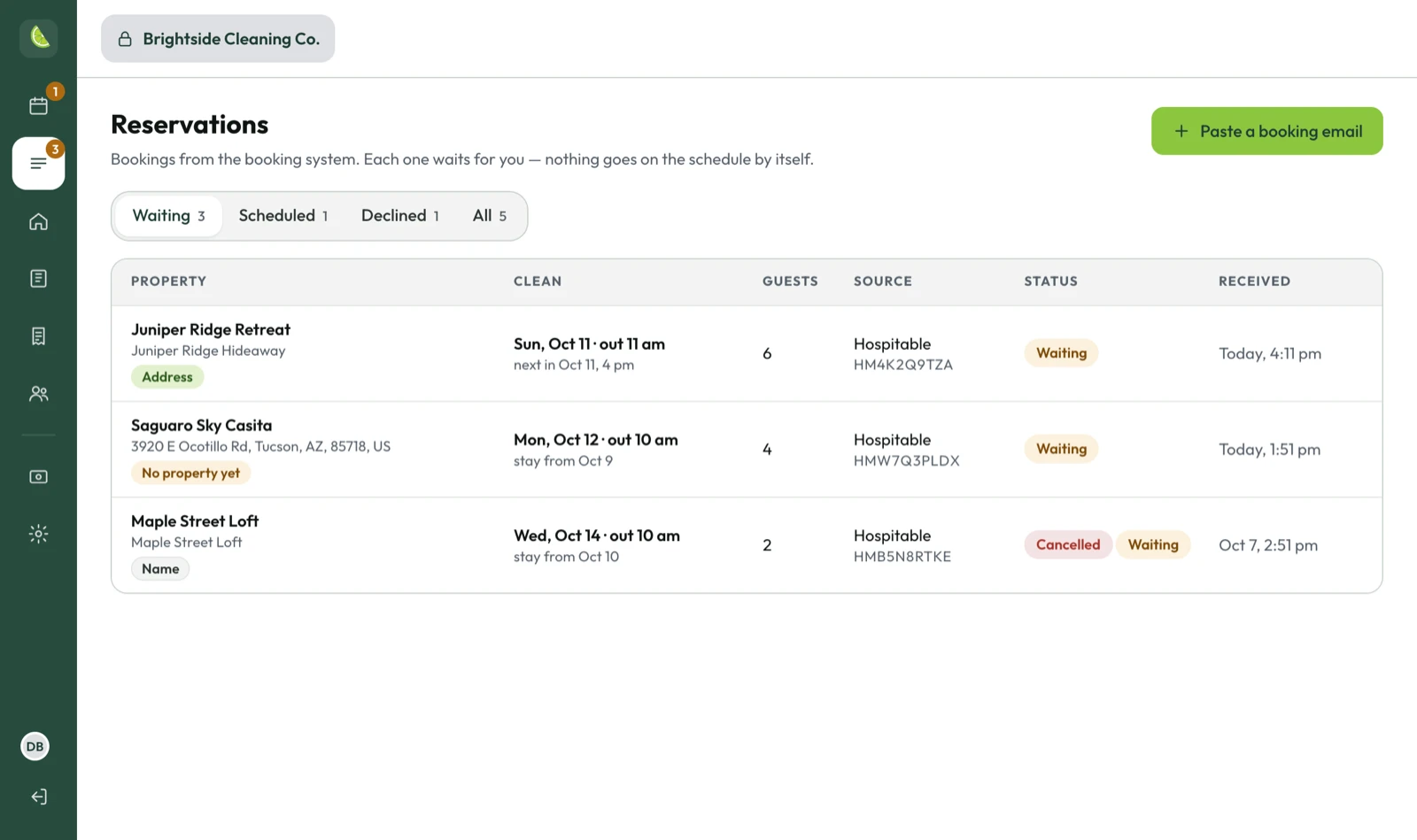 The Reservations page in the office: three bookings waiting, each with the property it matched, the clean date, the number of guests, the booking system and when the email arrived. One is a cancellation.