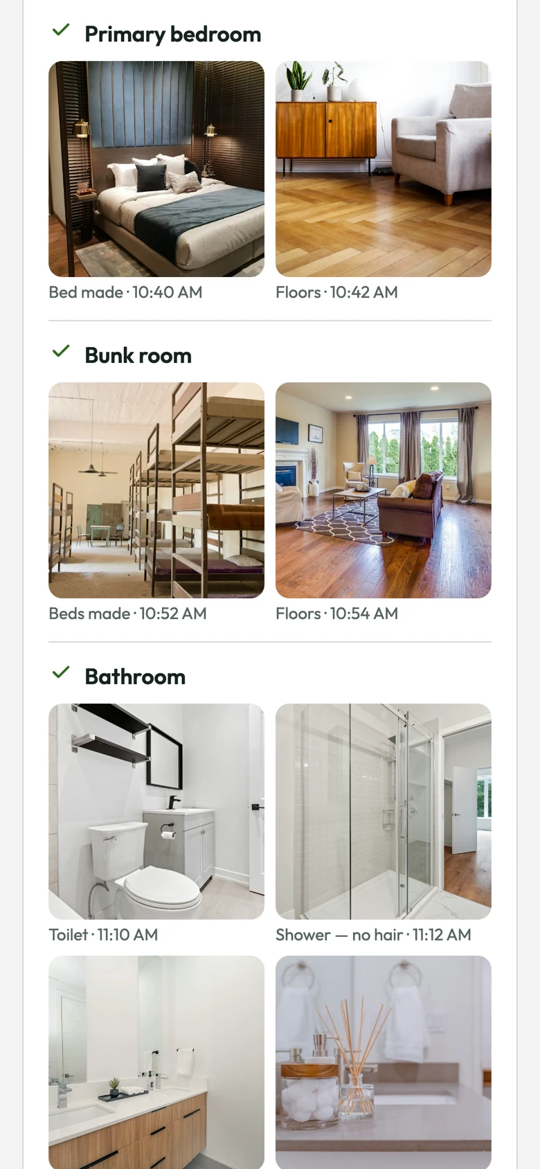 Further down the report: the primary bedroom with the bed made and the floor, the bunk room, and the bathroom with the toilet, the shower, the sink and the towels, each photo with its time.