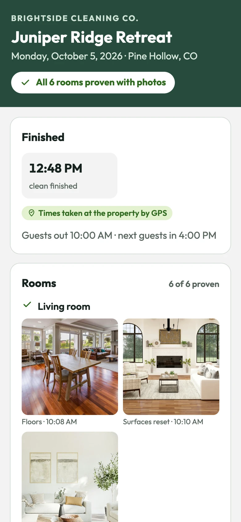 The completion report a client receives: Juniper Ridge Retreat, all six rooms proven with photos, finish time confirmed at the property by GPS, and the first room's photos.