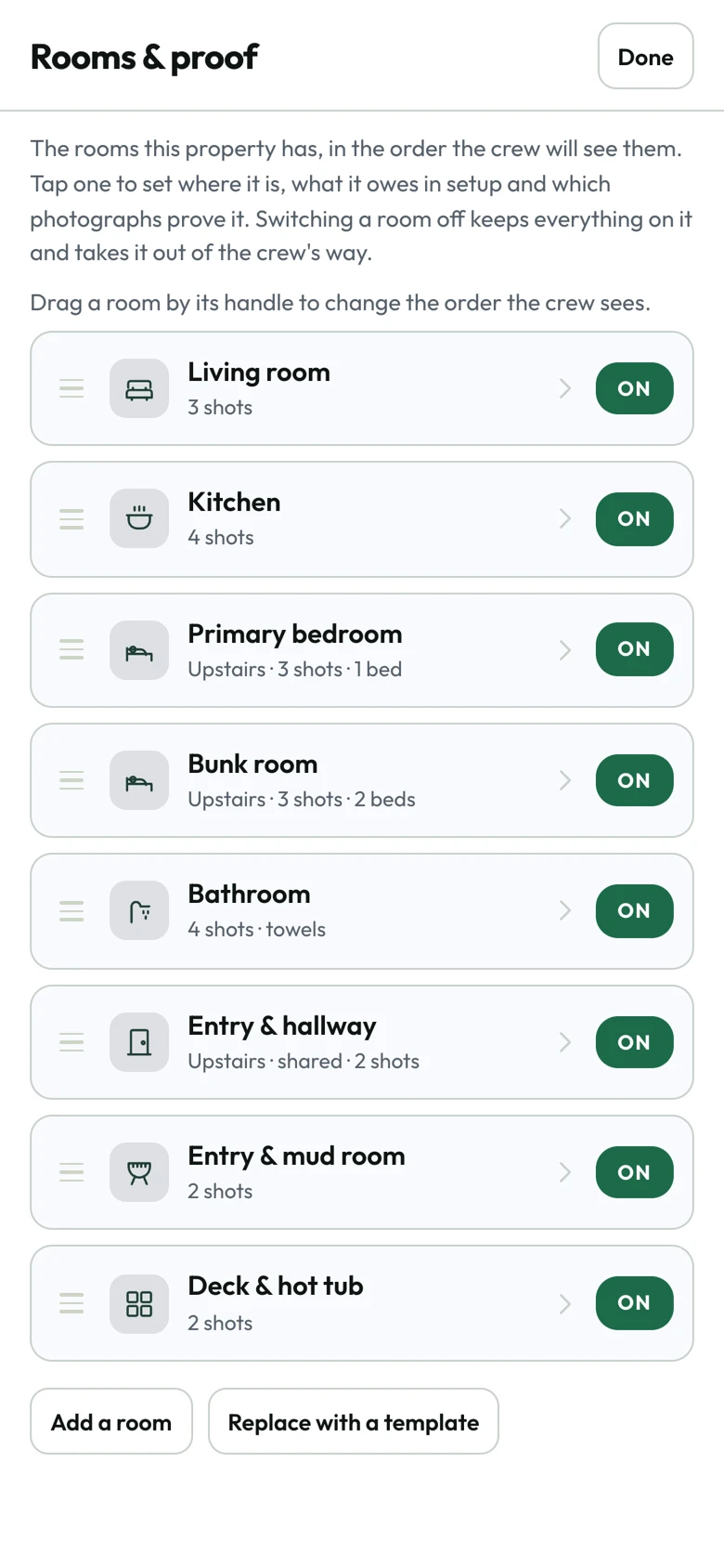 Rooms and proof for one property: each room with the number of proof photos it needs and an on switch.